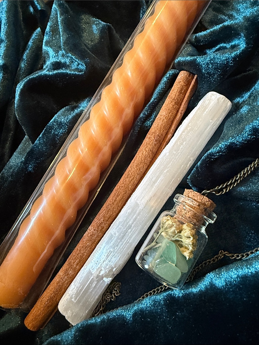 Green Aventurine & yarrow glass bottle necklace with selenite, cinnamon, candle